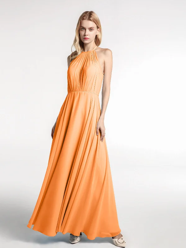 Halter Neck Chiffon Maxi Dress with Circle Skirt-Orange Classic Solid Maxi Dress