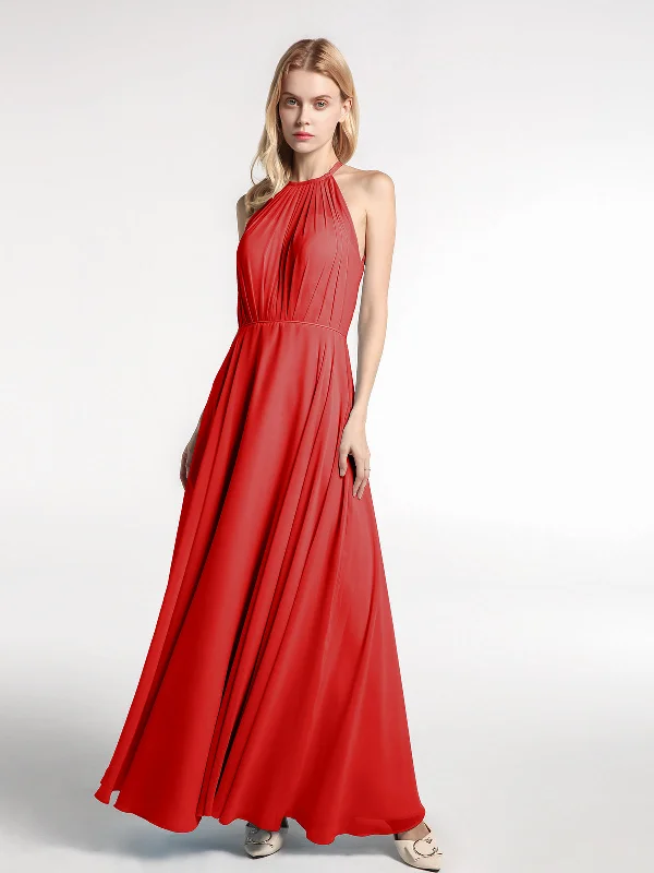 Halter Neck Chiffon Maxi Dress with Circle Skirt-Red Classic Strapless Maxi Dress