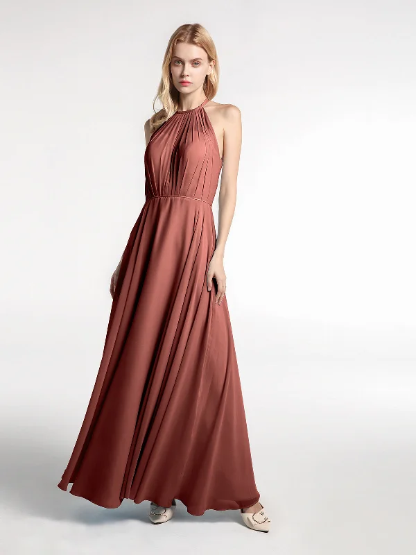 Halter Neck Chiffon Maxi Dress with Circle Skirt-Terracotta Stylish Pleated A-Line Maxi Dress