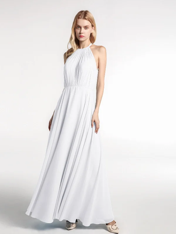 Halter Neck Chiffon Maxi Dress with Circle Skirt-White Fashionable Sleeveless Maxi Dress