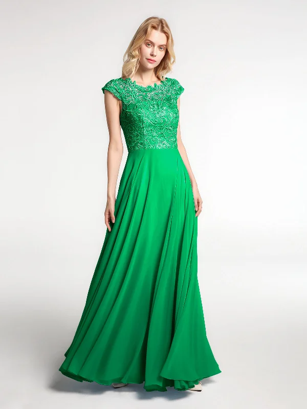 Illusion Wrap Neck Lace and Chiffon Maxi Dress-Emerald Stylish Long Sleeve Maxi Dress