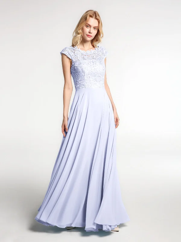 Illusion Wrap Neck Lace and Chiffon Maxi Dress-Lavender Stylish Pleated A-Line Maxi Dress