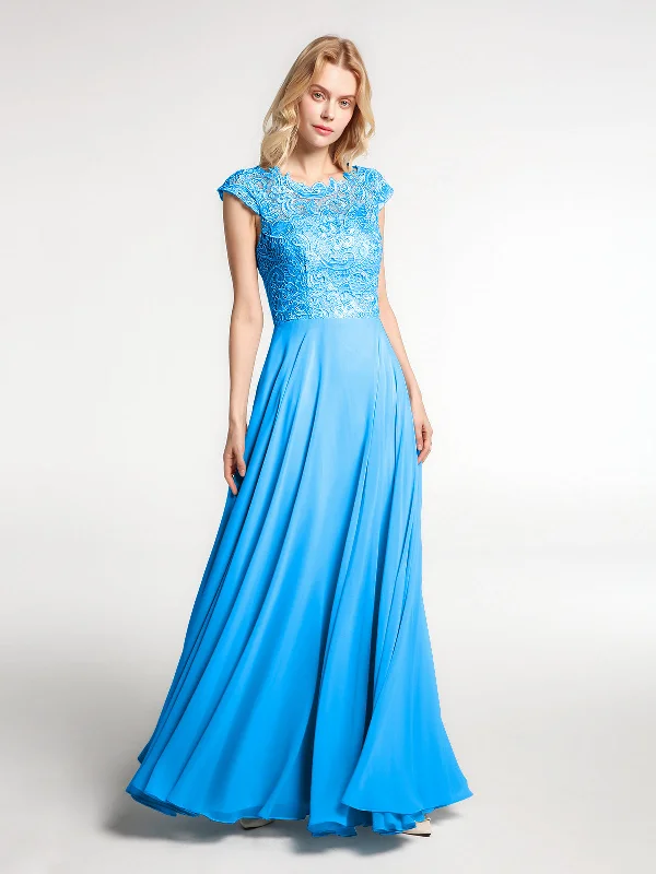 Illusion Wrap Neck Lace and Chiffon Maxi Dress-Ocean Blue Stylish Boho Chic Maxi Dress