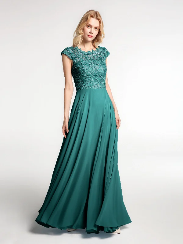 Illusion Wrap Neck Lace and Chiffon Maxi Dress-Peacock Comfortable Flowy Maxi Dress