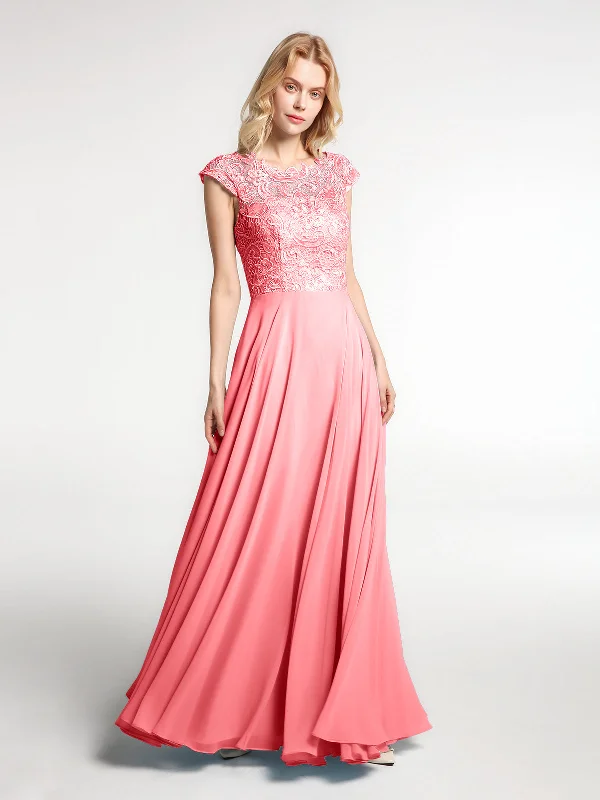 Illusion Wrap Neck Lace and Chiffon Maxi Dress-Watermelon Elegant Wraparound Maxi Dress