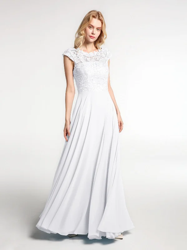 Illusion Wrap Neck Lace and Chiffon Maxi Dress-White Elegant Lace-Up Maxi Dress