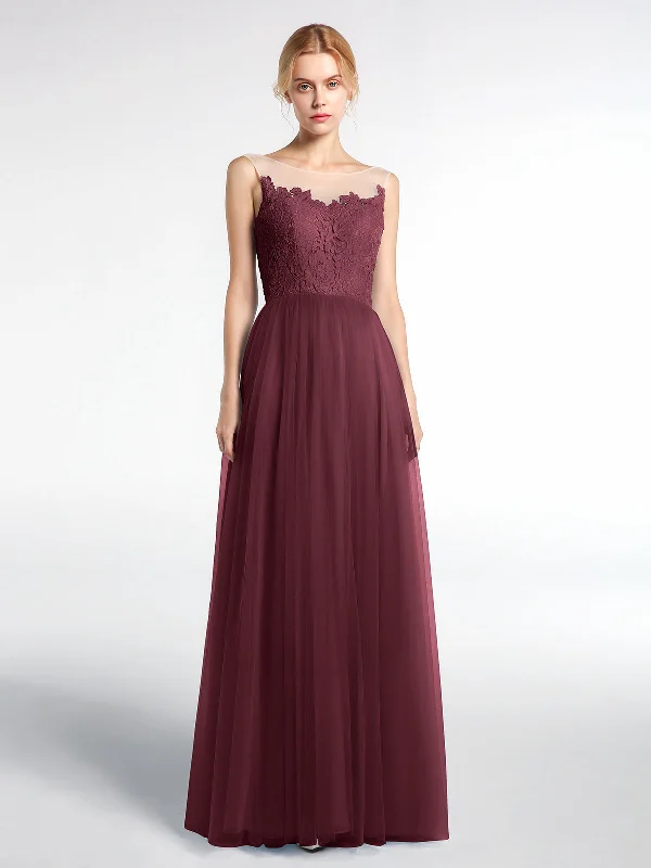 Illusion Neckline Lace and Tulle Maxi Dress-Cabernet Elegant Lace-Up Maxi Dress