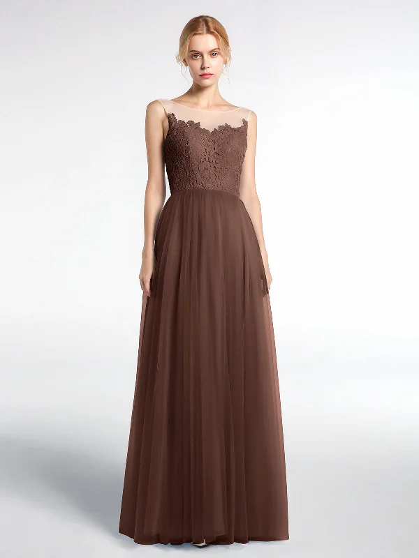 Illusion Neckline Lace and Tulle Maxi Dress-Chocolate Comfortable Ruffle Maxi Dress