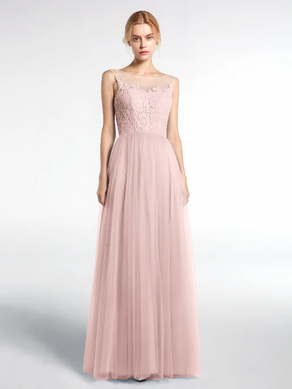 Illusion Neckline Lace and Tulle Maxi Dress-Dusty Rose Classic Tulle Maxi Dress