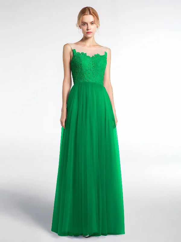 Illusion Neckline Lace and Tulle Maxi Dress-Emerald Fashionable High-Waist Maxi Dress