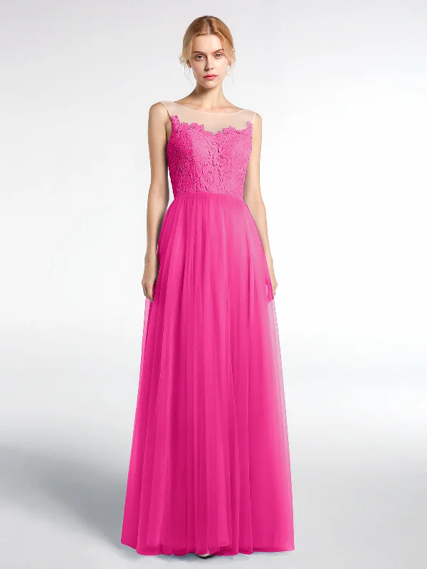 Illusion Neckline Lace and Tulle Maxi Dress-Fuchsia Elegant Boho Maxi Dress