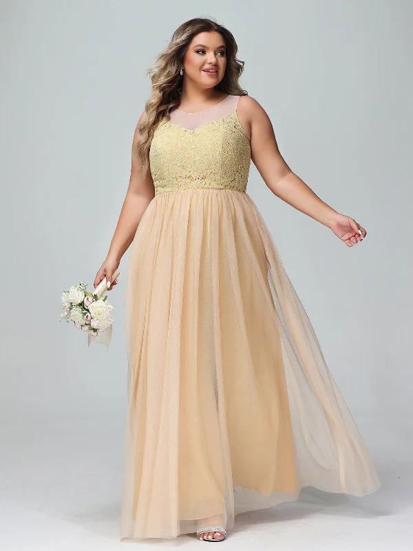 Illusion Neckline Lace and Tulle Maxi Dress-Gold Plus Size Classic A-Line Maxi Dress