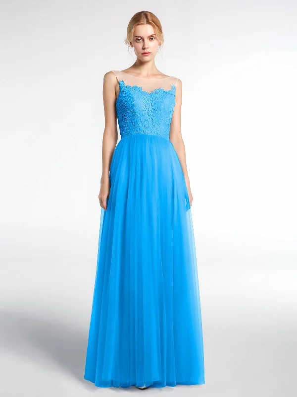 Illusion Neckline Lace and Tulle Maxi Dress-Ocean Blue Fashionable Sleeveless Maxi Dress