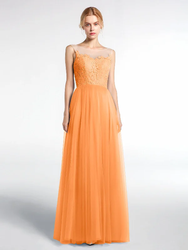 Illusion Neckline Lace and Tulle Maxi Dress-Orange Comfortable Satin Maxi Dress