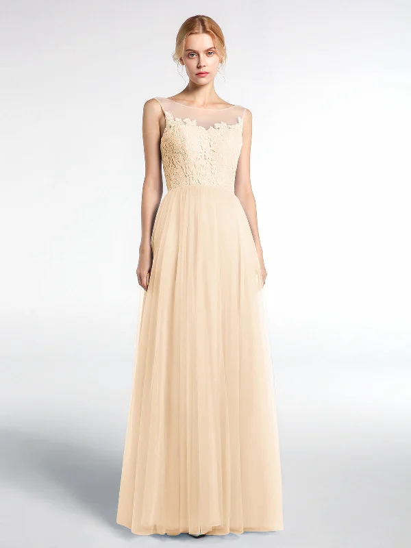 Illusion Neckline Lace and Tulle Maxi Dress-Peach Stylish Long Sleeve Maxi Dress