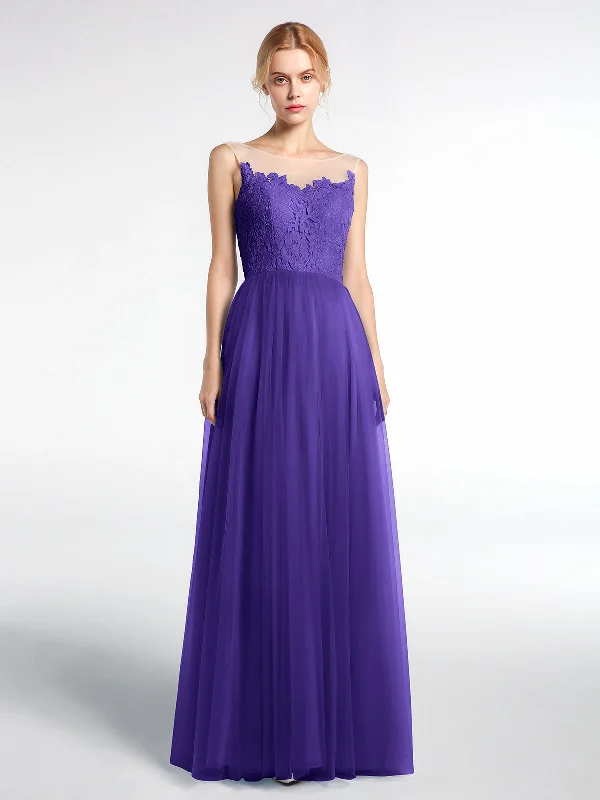 Illusion Neckline Lace and Tulle Maxi Dress-Regency Comfortable Fit-and-Flare Maxi Dress