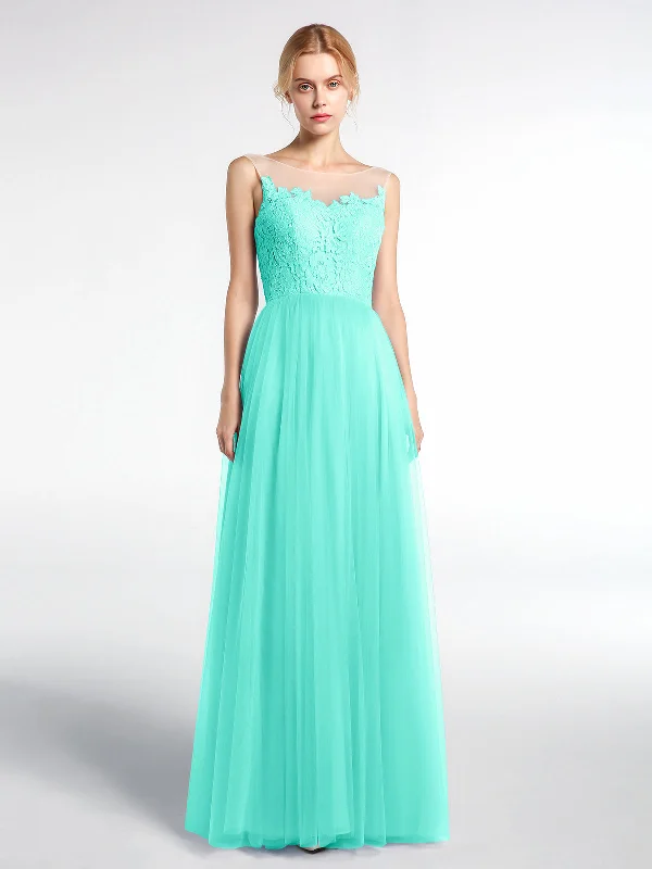 Illusion Neckline Lace and Tulle Maxi Dress-Spa Comfortable Fit-and-Flare Maxi Dress