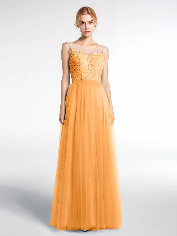 Illusion Neckline Lace and Tulle Maxi Dress-Tangerine Classic Strapless Maxi Dress