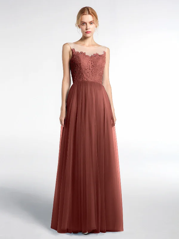 Illusion Neckline Lace and Tulle Maxi Dress-Terracotta Comfortable Fitted Maxi Dress