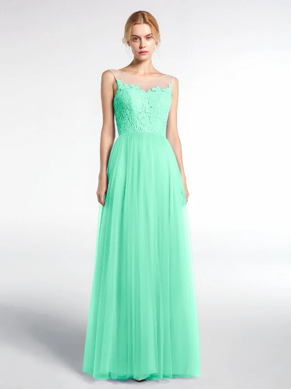 Illusion Neckline Lace and Tulle Maxi Dress-Turquoise Elegant Lace Maxi Dress