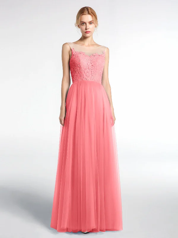 Illusion Neckline Lace and Tulle Maxi Dress-Watermelon Elegant Silk Maxi Dress