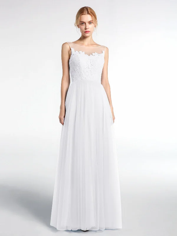 Illusion Neckline Lace and Tulle Maxi Dress-White Comfortable Maxi Dress with Sleeves