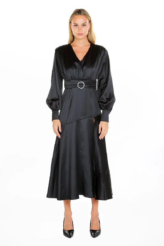 Long Sleeve Satin V Neck Maxi Dress Fashionable Open-Back Maxi Dress