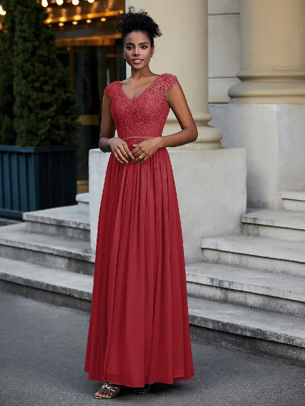 Lace and Chiffon Maxi Dress with Cap Sleeves-Burgundy Stylish Maxi Dress with Frills