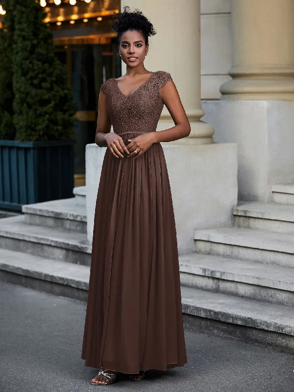 Lace and Chiffon Maxi Dress with Cap Sleeves-Chocolate Elegant Maxi Dress with Pockets