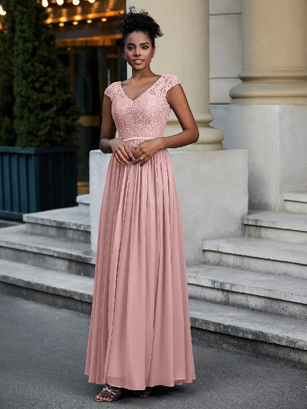 Lace and Chiffon Maxi Dress with Cap Sleeves-Dusty Rose Stylish One-Shoulder Maxi Dress