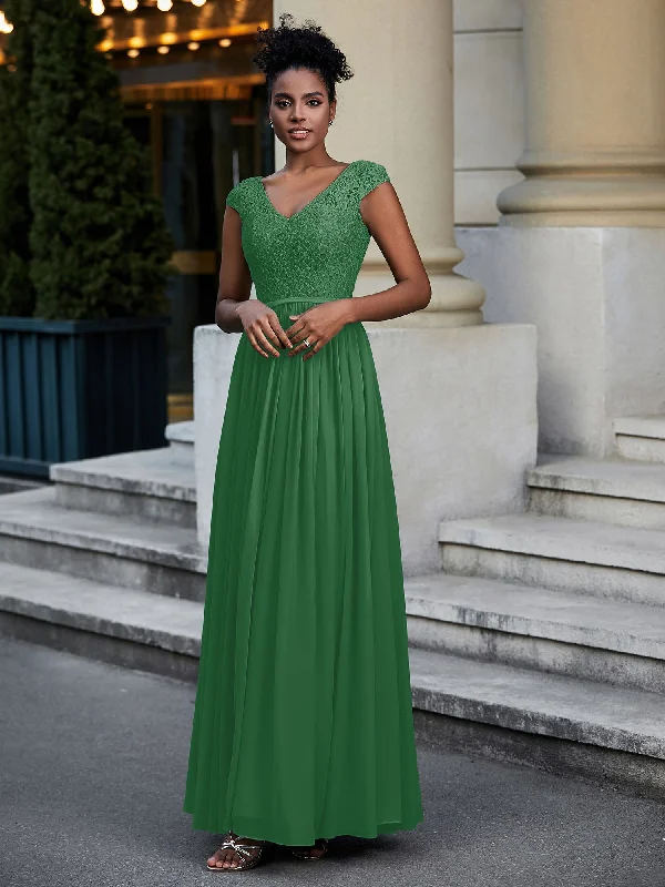 Lace and Chiffon Maxi Dress with Cap Sleeves-Emerald Stylish One-Shoulder Maxi Dress