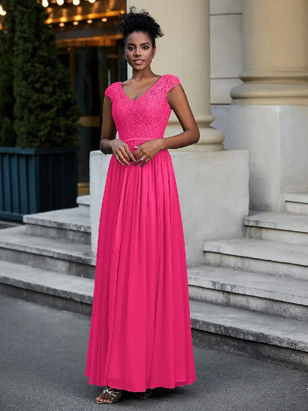 Lace and Chiffon Maxi Dress with Cap Sleeves-Fuchsia Elegant Silk Maxi Dress