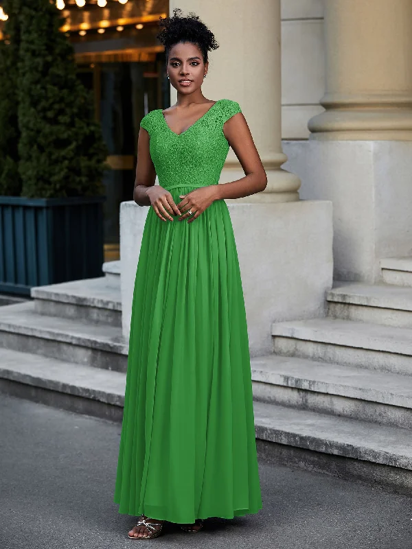 Lace and Chiffon Maxi Dress with Cap Sleeves-Green Comfortable Bohemian Maxi Dress