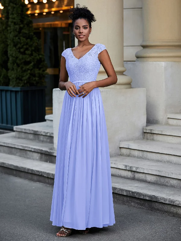 Lace and Chiffon Maxi Dress with Cap Sleeves-Lavender Elegant Maxi Dress with Drapes