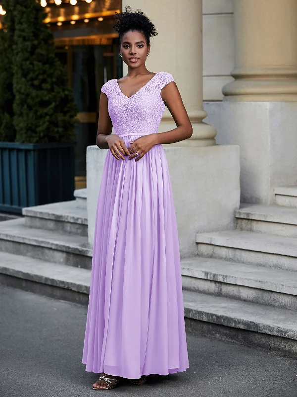 Lace and Chiffon Maxi Dress with Cap Sleeves-Lilac Comfortable Pleated Maxi Dress