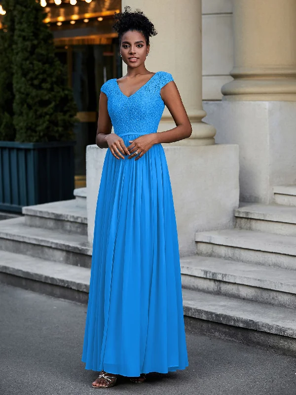 Lace and Chiffon Maxi Dress with Cap Sleeves-Ocean Blue Classic Black Maxi Dress