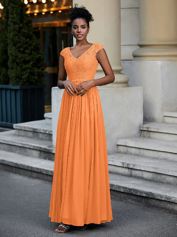 Lace and Chiffon Maxi Dress with Cap Sleeves-Orange Elegant Wraparound Maxi Dress