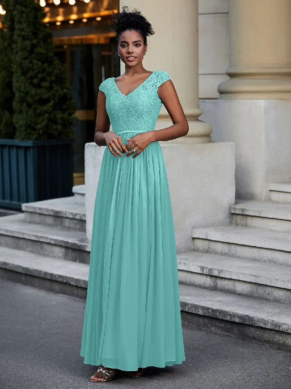 Lace and Chiffon Maxi Dress with Cap Sleeves-Spa Elegant Maxi Dress with Ruffles