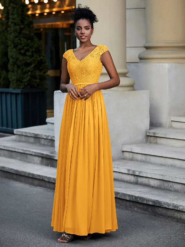 Lace and Chiffon Maxi Dress with Cap Sleeves-Tangerine Fashionable Layered Maxi Dress