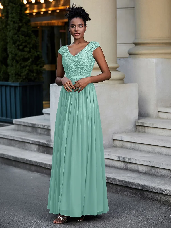 Lace and Chiffon Maxi Dress with Cap Sleeves-Turquoise Trendy Ruffled Maxi Dress