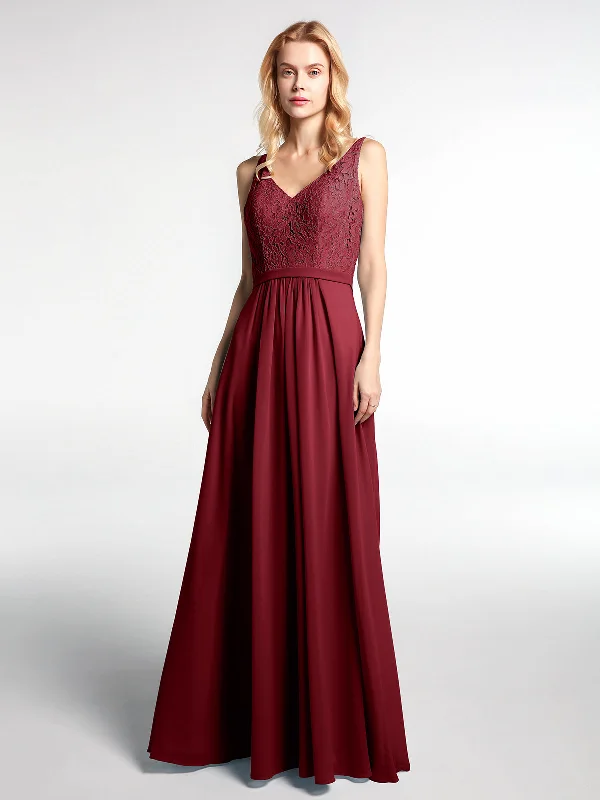 Lace Bodice Chiffon Skirt Maxi Dress with V-neck-Burgundy Comfortable Maxi Dress with Sleeves