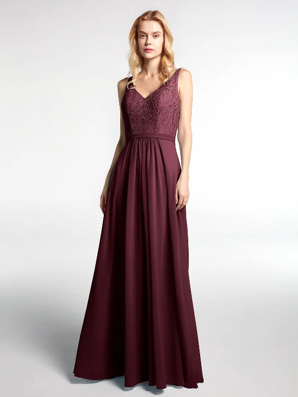 Lace Bodice Chiffon Skirt Maxi Dress with V-neck-Cabernet Chic Summer Maxi Dress