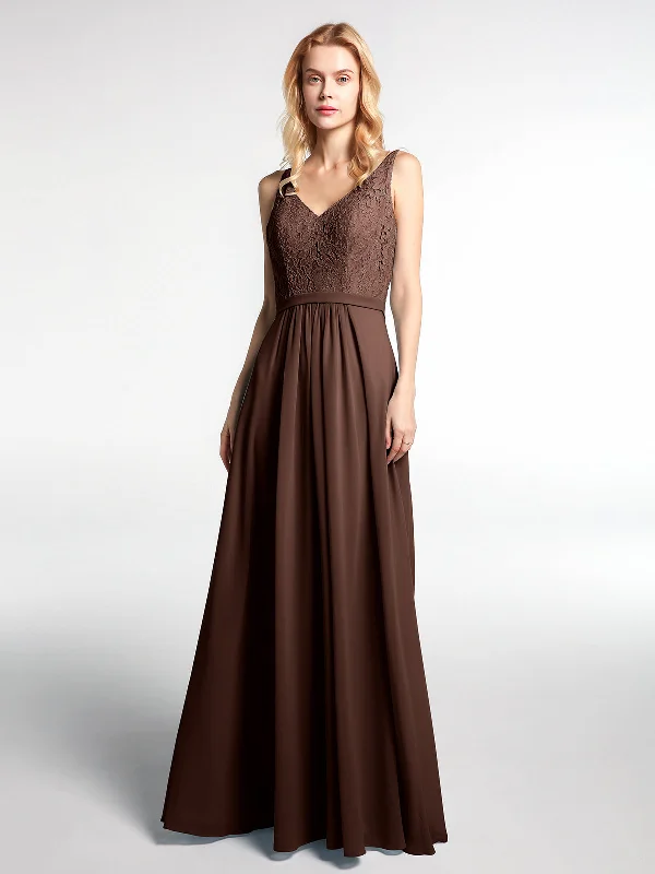 Lace Bodice Chiffon Skirt Maxi Dress with V-neck-Chocolate Elegant Boho Maxi Dress