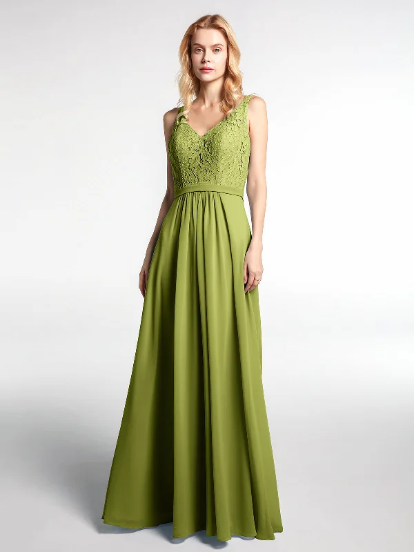 Lace Bodice Chiffon Skirt Maxi Dress with V-neck-Clover Fashionable High-Low Maxi Dress