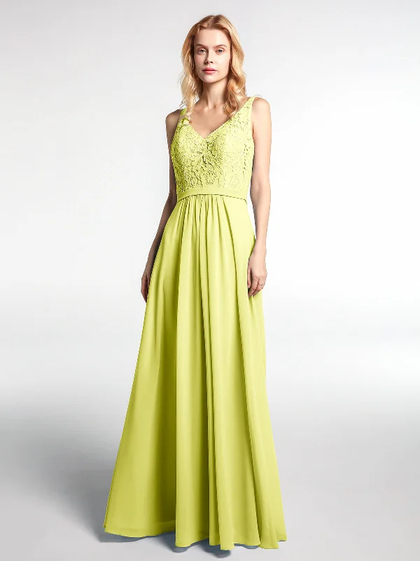 Lace Bodice Chiffon Skirt Maxi Dress with V-neck-Daffodil Comfortable Satin Maxi Dress