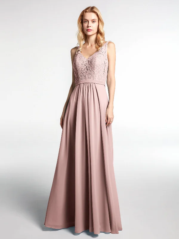 Lace Bodice Chiffon Skirt Maxi Dress with V-neck-Dusty Rose Comfortable Fitted Maxi Dress