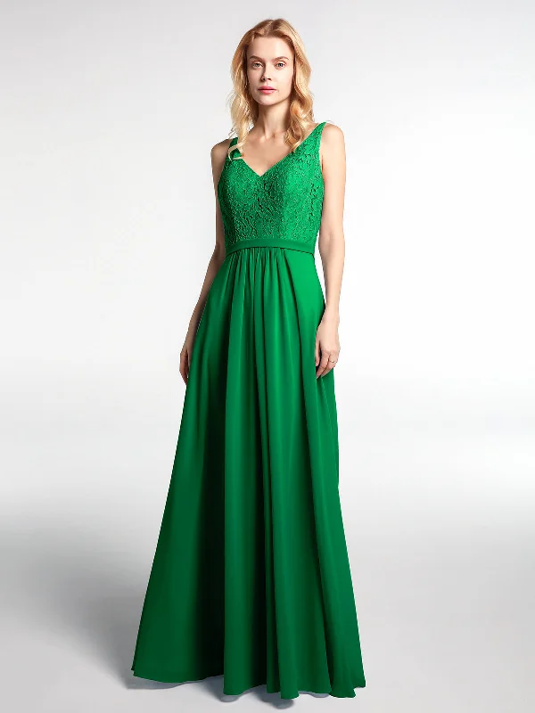 Lace Bodice Chiffon Skirt Maxi Dress with V-neck-Emerald Comfortable Ruffle Hem Maxi Dress