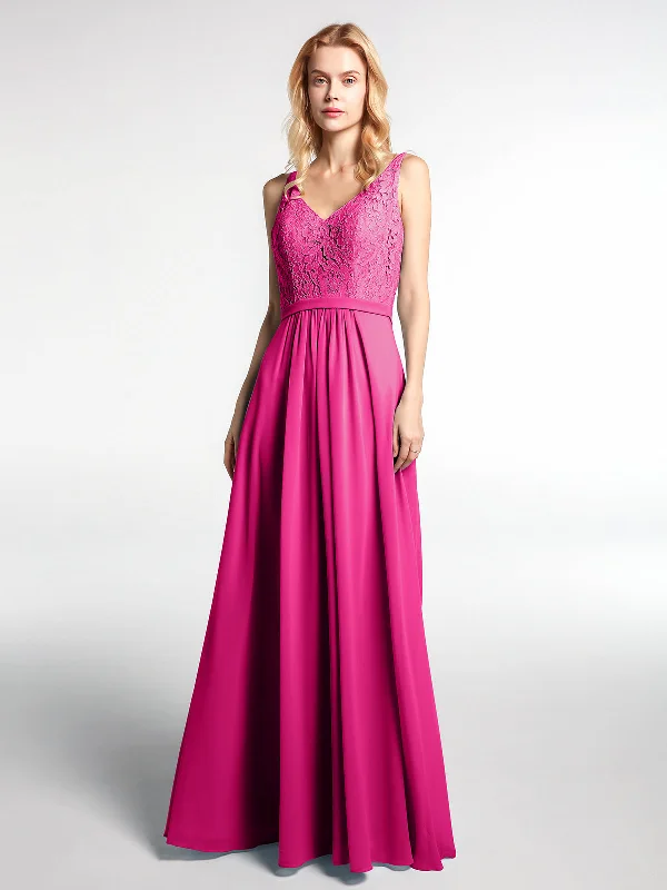 Lace Bodice Chiffon Skirt Maxi Dress with V-neck-Fuchsia Elegant Pleated Maxi Dress