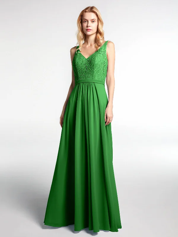 Lace Bodice Chiffon Skirt Maxi Dress with V-neck-Green Comfortable Maxi Dress with Slits