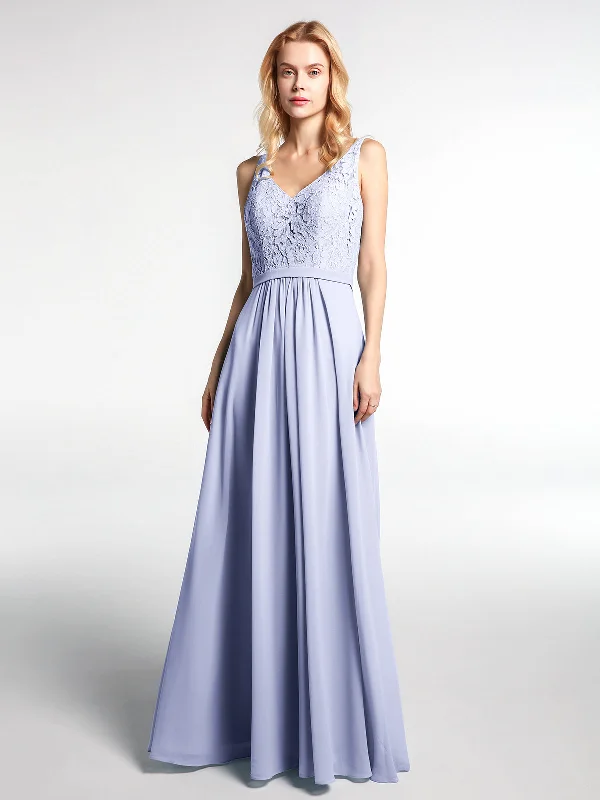 Lace Bodice Chiffon Skirt Maxi Dress with V-neck-Lavender Cozy Cold-Shoulder Maxi Dress